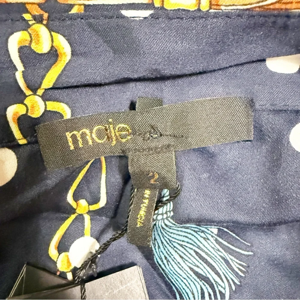 Maje Cechaine Satin Effect Button Up Blue Rope Chain Printed Blouse NEW US 6 - Picture 9 of 11
